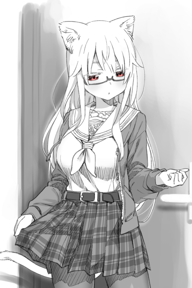 animal_ears belt cardigan cat_ears cat_tail commentary_request cowboy_shot glasses greyscale long_hair long_sleeves monochrome neckerchief open_cardigan open_clothes original pantyhose pine pine-chan_ver._2 pleated_skirt red_eyes school_uniform serafuku shirt skirt solo spot_color tail very_long_hair
