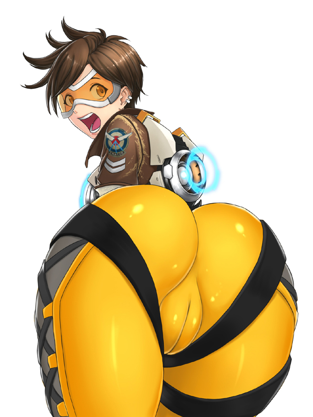 :o ass ass_focus belt bodysuit bomber_jacket brown_eyes brown_hair cameltoe earrings goggles jacket jewelry open_mouth orange_bodysuit overwatch simple_background solo thighs tracer_(overwatch) white_background zetxsuna