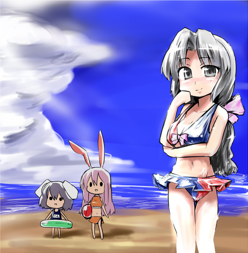 :d adapted_costume ball bangs beach beachball bikini blue_sky bow breast_hold breasts chibi cleavage cloud day grey_eyes grey_hair hair_bow hand_on_own_cheek hashimoto inaba_tewi innertube long_hair looking_at_viewer medium_breasts midriff miniskirt multiple_girls navel ocean one-piece_swimsuit open_mouth outdoors parted_bangs pink_hair pleated_skirt reisen_udongein_inaba skirt sky smile solid_circle_eyes standing strap_gap swimsuit tankini touhou yagokoro_eirin
