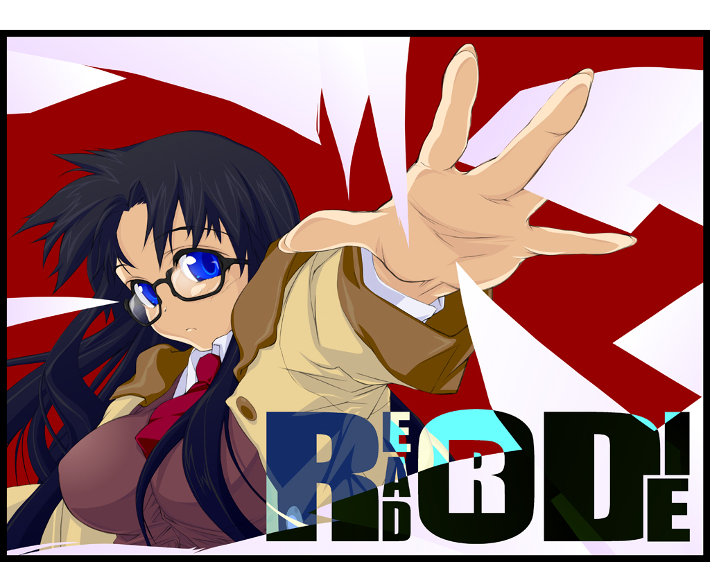 black_hair blue_eyes breasts copyright_name flying_paper hands large_breasts long_hair long_sleeves outstretched_hand paper read_or_die red_background solo windowboxed yamaguchi_homupe yomiko_readman
