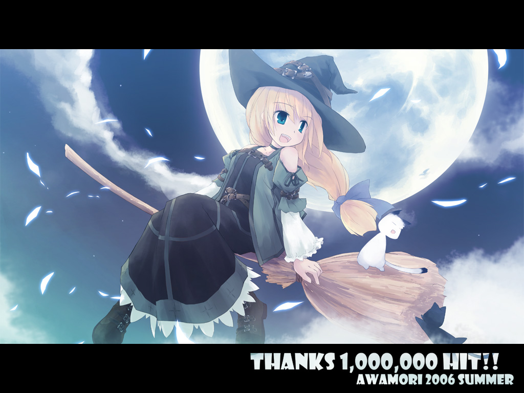 2006 black_dress blonde_hair blue_eyes broom broom_riding cat copyright_request dress full_moon hat hits letterboxed long_hair long_sleeves moon petals shoes sidesaddle smile vest witch witch_hat yukitarou_(awamori)