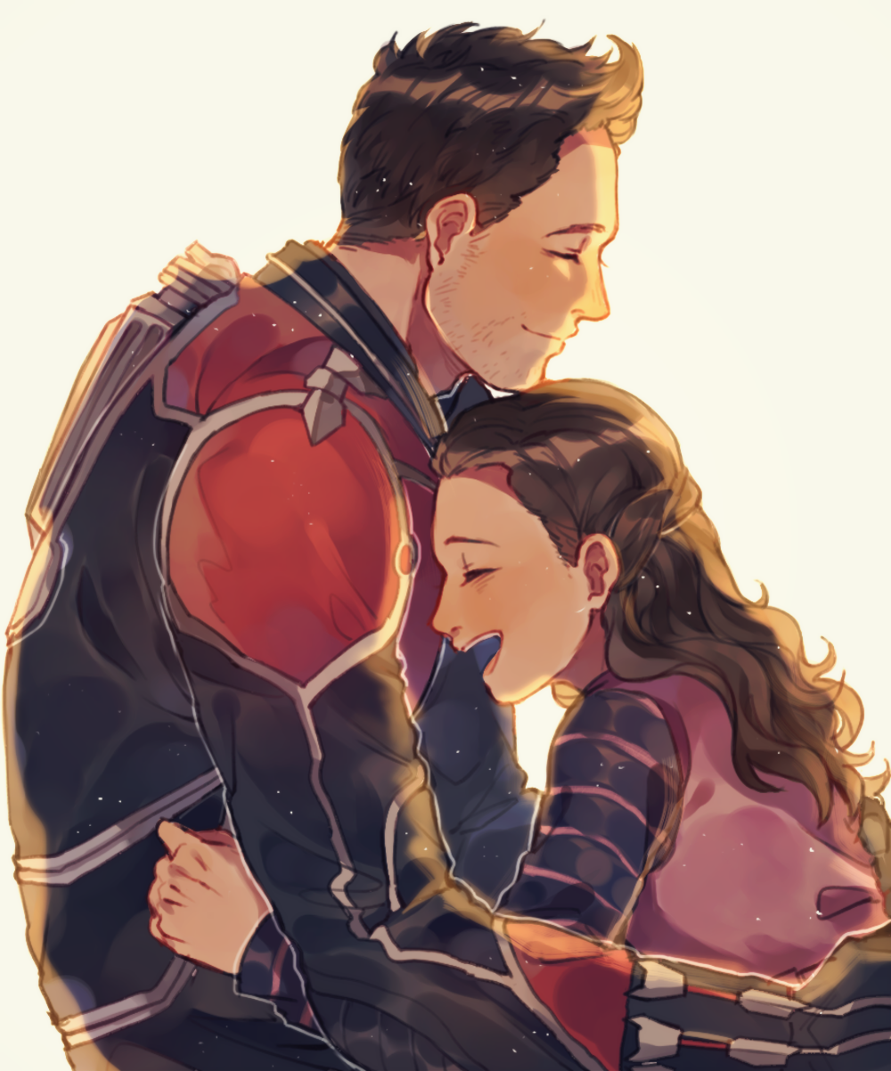 1girl ant-man ant-man_(movie) bad_id bad_pixiv_id bodysuit brown_hair cassie_lang closed_eyes cowlick father_and_daughter headwear_removed helmet helmet_removed highres hug long_hair marvel qin_(7833198) scott_lang shirt short_hair smile striped striped_shirt superhero