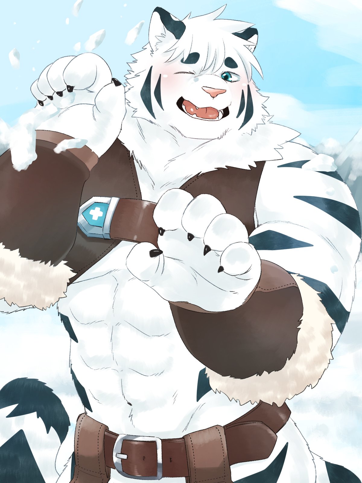 2019 abs anthro belt biceps feline fur hi_res male mammal mohumohuotou muscular muscular_male one_eye_closed pantherine pecs solo stripes tiger white_fur wink