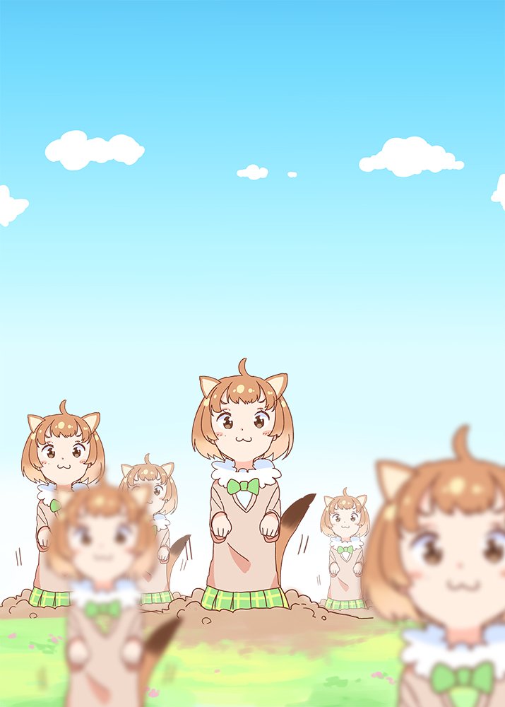 6+girls :3 animal_ears black-tailed_prairie_dog_(kemono_friends) blurry bow bowtie brown_hair clone day depth_of_field female fuyuno_mikan kemono_friends multiple_girls paw_pose prairie_dog_ears prairie_dog_tail short_hair skirt tail