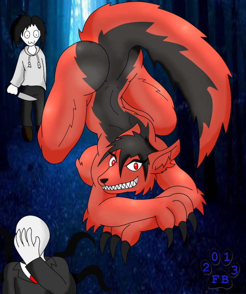 anthro ass_up big_breasts breasts canine dog facepalm female fur furry-bites human jeff_the_killer looking_at_viewer male mammal multicolored_fur red_eyes slender_man smile.dog two_tone_fur