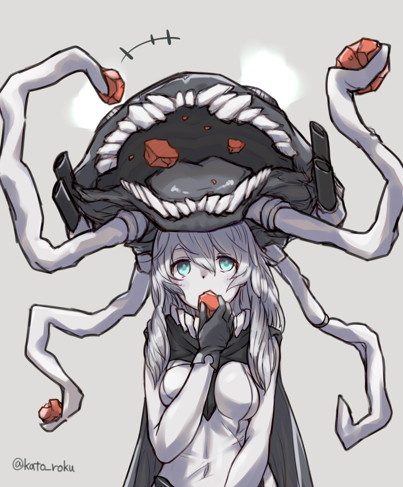 1girl bauxite bodysuit breasts cape eating hat headgear kantai_collection katoroku long_hair medium_breasts monster open_mouth pale_skin shinkaisei-kan silver_hair solo teeth tentacles white_skin wo-class_aircraft_carrier