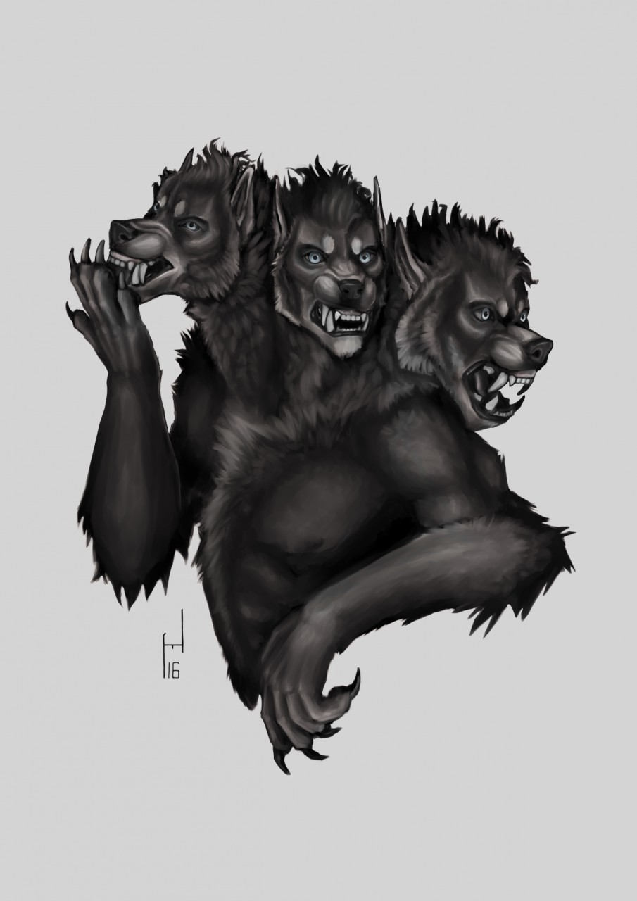 canine cerberus howlitzer male mammal multi_head simple_background were werewolf