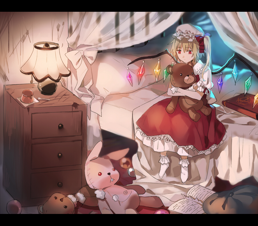 blonde_hair book crystal flandre_scarlet full_body hat hat_ribbon indoors lamp letterboxed mob_cap on_bed open_book pillow puffy_sleeves red_(girllove) red_eyes ribbon shirt short_sleeves side_ponytail sitting skirt skirt_set socks solo stuffed_animal stuffed_bunny stuffed_toy teddy_bear touhou vest white_legwear wings wrist_cuffs