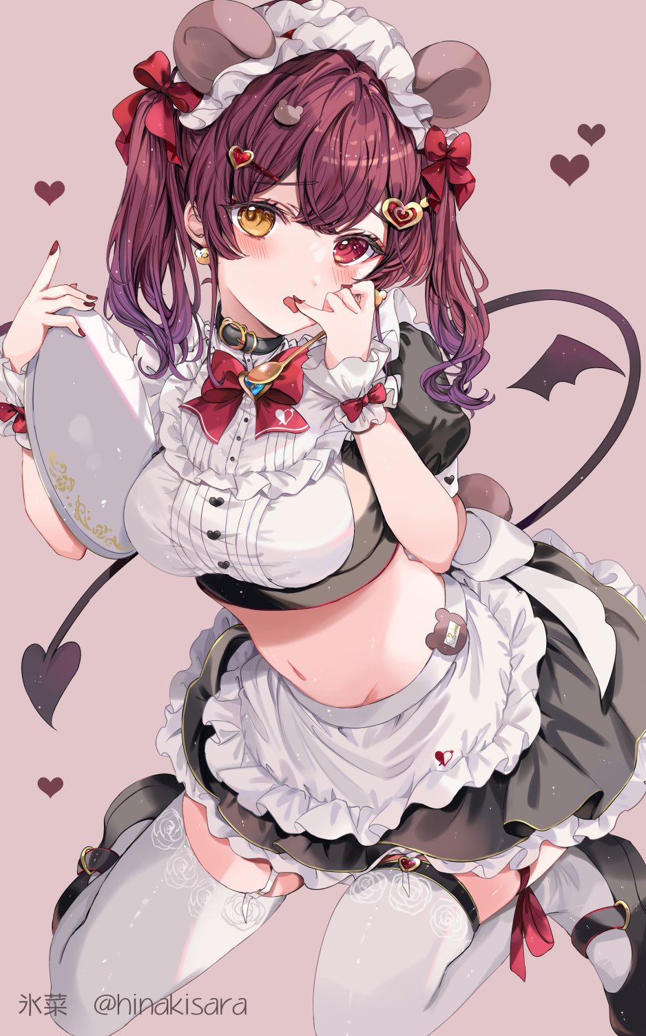 apron black_footwear black_skirt bow bowtie breasts finger_to_tongue garter_straps hair_bow hair_ornament heart heart_hair_ornament heterochromia highres hinakisara hololive houshou_marine large_breasts looking_at_viewer maid maid_apron maid_headdress mary_janes navel open_mouth red_bow red_bowtie red_eyes red_hair red_nails scrunchie shoes simple_background skirt solo stomach tail thighhighs tongue tongue_out twitter_username virtual_youtuber white_apron white_thighhighs wings wrist_scrunchie yellow_eyes