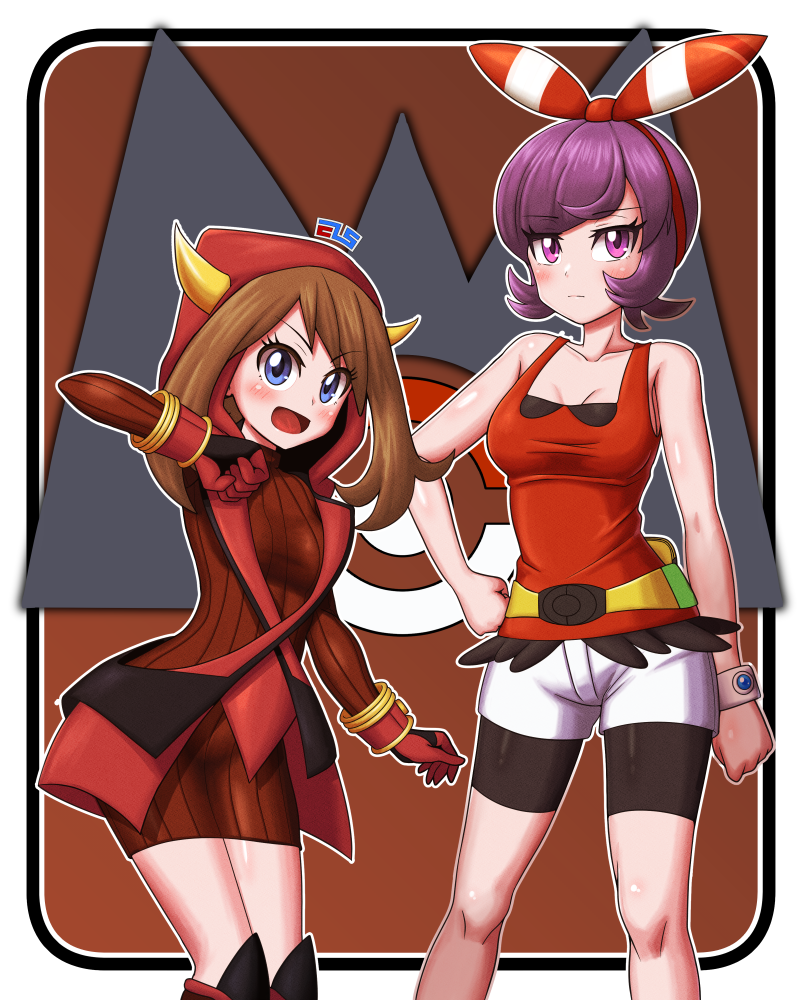 2girls bare_arms bare_shoulders bike_shorts bike_shorts_under_shorts blue_eyes bow bow_hairband breasts brown_hair cleavage collarbone cosplay costume_switch courtney_(pokemon) courtney_(pokemon)_(cosplay) cowlick dress els_(ljhlee12) fake_horns hair_bow hairband hand_on_own_hip hood hooded_vest hoodie horned_headwear horned_hood horns long_sleeves may_(pokemon) may_(pokemon)_(cosplay) medium_breasts multiple_girls pokemon pokemon_oras purple_eyes purple_hair red_bow red_dress red_hairband red_hood red_shirt ribbed_dress ribbed_sweater shirt shorts sleeveless sleeveless_shirt sweater swept_bangs team_magma_uniform vest white_shorts