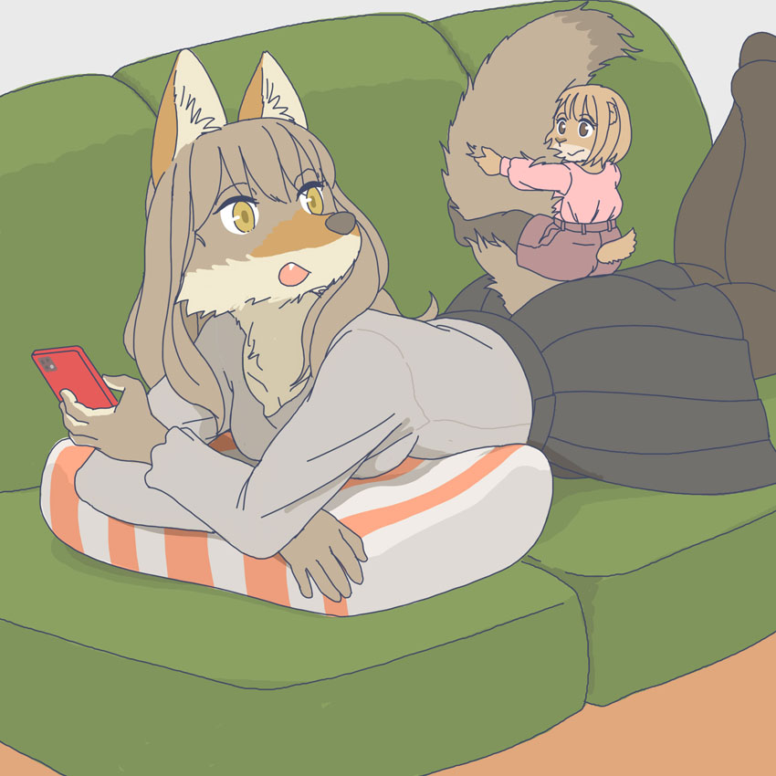 anthro canid canine canis clothed clothing coyote duo ekaki510 electronics female ground_squirrel holding_object holding_phone lying mammal on_front phone pillow prairie_dog rodent sciurid size_difference tail tail_hug