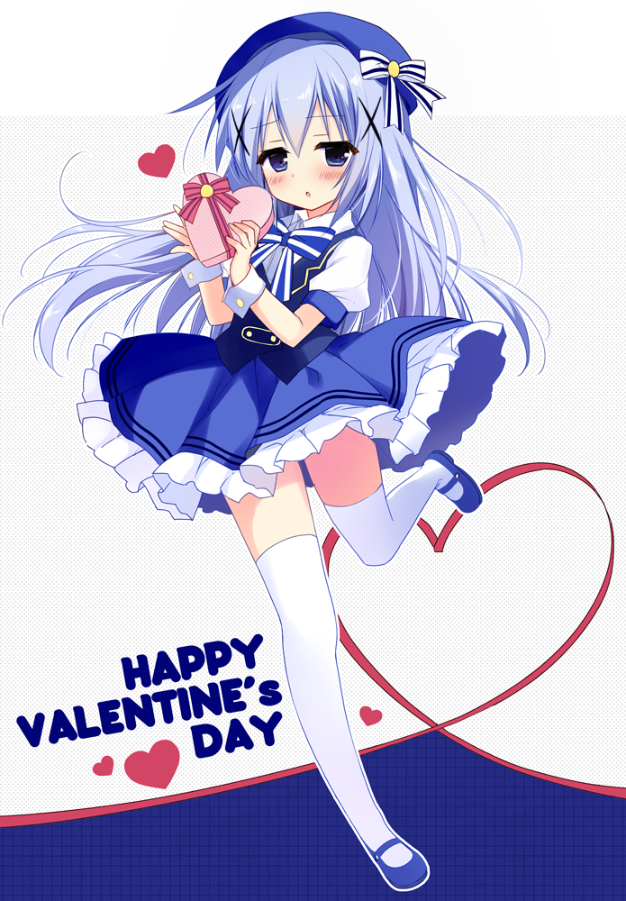 1girl beret blue_eyes blue_footwear blue_hair blue_headwear blue_skirt blue_theme blush bow box clothes_lift commentary_request floating_hair gift gochuumon_wa_usagi_desu_ka? hair_between_eyes hair_ornament happy_valentine hat hat_bow heart heart-shaped_box high-waist_skirt holding holding_gift jitome kafuu_chino long_hair looking_at_viewer mary_janes nagayama_yuunon open_mouth puffy_short_sleeves puffy_sleeves shirt shoes short_sleeves shy simple_background skirt skirt_lift solo standing standing_on_one_leg striped striped_bow suspender_skirt suspenders thighhighs valentine very_long_hair white_shirt white_thighhighs white_wrist_cuffs wind wind_lift x_hair_ornament