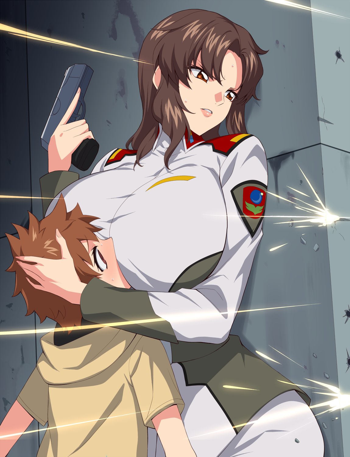 1boy 1girl against_wall age_difference between_breasts breast_press breasts brown_eyes brown_hair character_request collared_shirt commentary commission copyright_request cowboy_shot english_commentary eyelashes face_between_breasts forehead grey_shirt gun handgun hands_up head_between_breasts highres holding holding_gun holding_weapon hood hood_down huge_breasts kloah long_hair long_sleeves looking_to_the_side military_uniform multicolored_shirt onee-shota parted_bangs parted_lips projectile_trail shirt short_sleeves uniform upper_body weapon