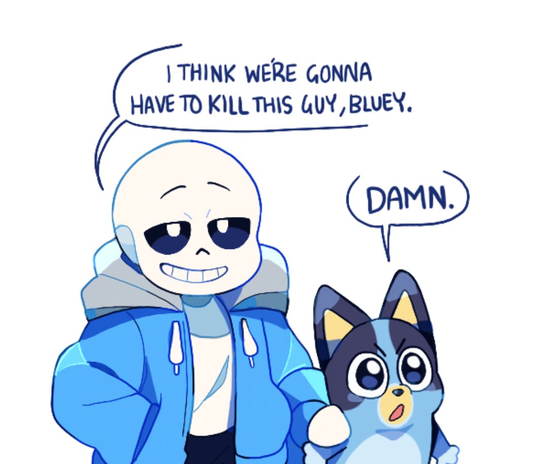 1boy 1girl blue_jacket bluey bluey_(bluey) bright_pupils commentary crossover english_commentary english_text furry furry_female hood hooded_jacket i_think_we're_gonna_have_to_kill_this_guy_steven_(meme) jacket meme open_mouth sans simple_background skeleton sleepy_cheeky smile speech_bubble standing undertale white_background white_pupils