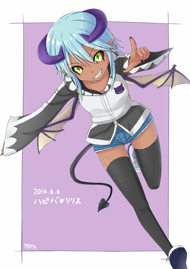 2016 black_legwear black_nails black_sclera blue_hair dark_skin dated demon_girl demon_horns demon_tail demon_wings flat_chest full_body gecotan green_eyes grin hood hooded_jacket horns jacket lilith_(monster_musume) monster_musume_no_iru_nichijou nail_polish pointing pointy_ears sharp_teeth slit_pupils smile solo tail teeth thighhighs translation_request wings