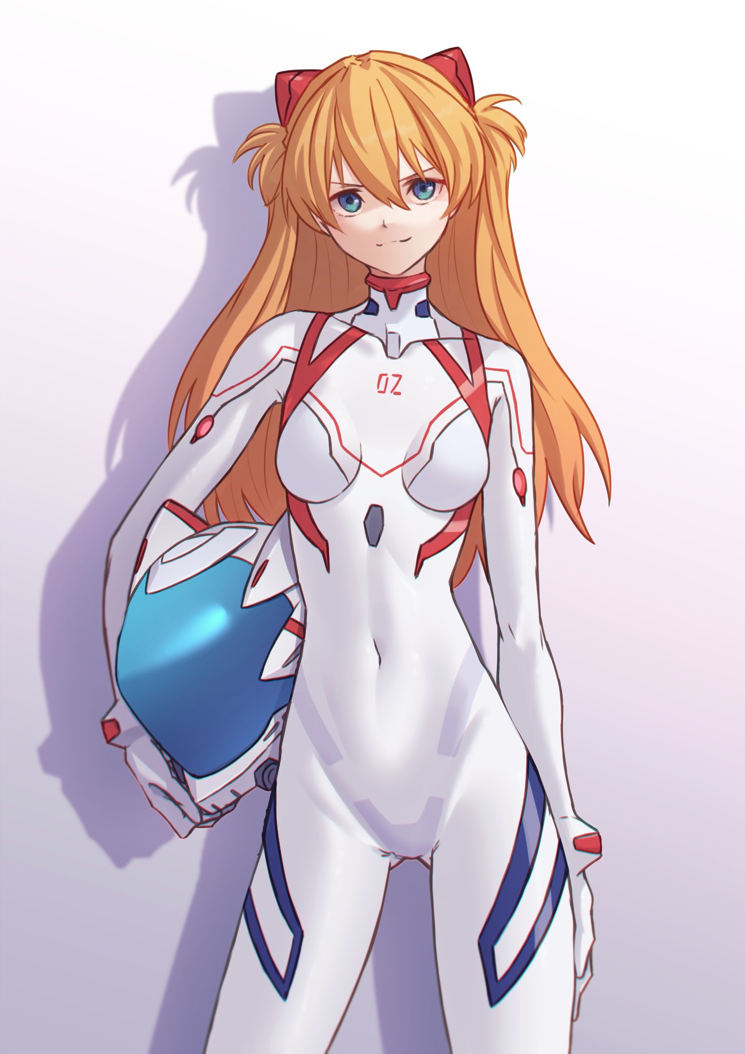 1girl blue_eyes bodysuit breasts closed_mouth commentary_request covered_navel evangelion:_3.0+1.0_thrice_upon_a_time helmet highres holding holding_helmet interface_headset ka_ki_o long_hair looking_at_viewer medium_breasts neon_genesis_evangelion no_eyepatch official_alternate_costume orange_hair pilot_suit plugsuit rebuild_of_evangelion science_fiction simple_background smile solo souryuu_asuka_langley standing unworn_headwear unworn_helmet white_background white_bodysuit