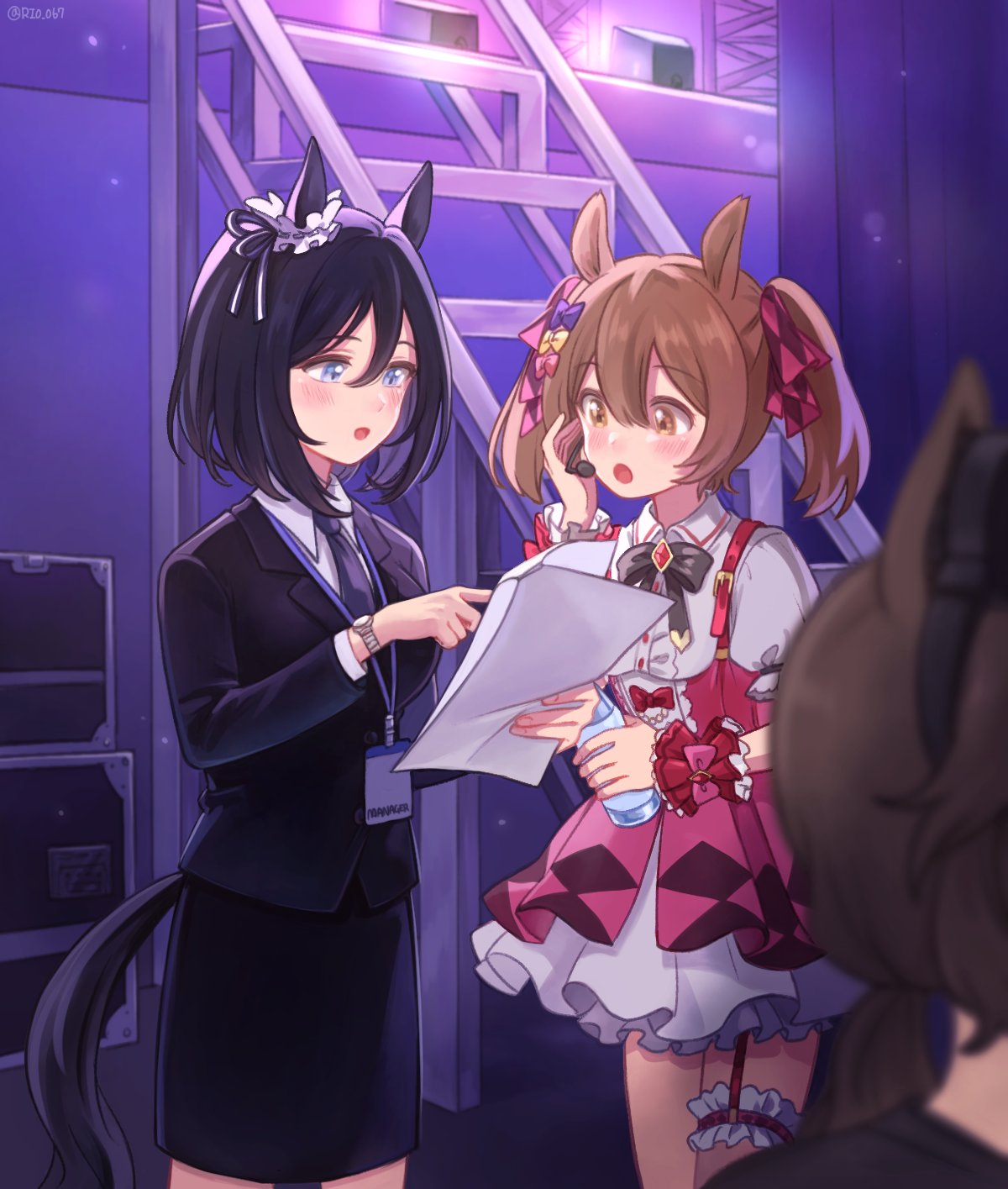 3girls alternate_costume animal_ears backstage black_bow black_bowtie black_hair black_jacket black_necktie black_skirt blue_eyes blush bottle bow bowtie brown_eyes brown_hair business_suit collared_shirt commentary dress dress_shirt ear_scrunchie eishin_flash_(umamusume) hair_between_eyes hair_bow hair_ribbon headset highres holding holding_bottle horse_ears horse_girl horse_tail id_card jacket multiple_girls necktie office_lady pencil_skirt pink_bow pink_dress puffy_short_sleeves puffy_sleeves purple_bow purple_ribbon ribbon rio_(rio_067) scrunchie shirt short_hair short_sleeves skirt skirt_suit smart_falcon_(umamusume) suit suit_jacket swept_bangs symbol-only_commentary tail twintails umamusume water_bottle white_scrunchie white_shirt yellow_bow