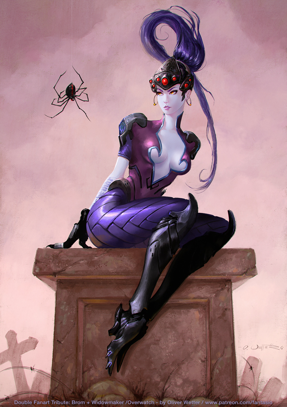 artist_name bodysuit breasts bug center_opening character_name commentary cross earrings english_commentary fantasy full_body gloves head_mounted_display highres jewelry lips long_hair looking_to_the_side medium_breasts oliver_wetter overwatch pale_skin parted_lips pedestal ponytail purple_hair signature sitting solo spider tombstone very_long_hair visor watermark web_address widowmaker_(overwatch)