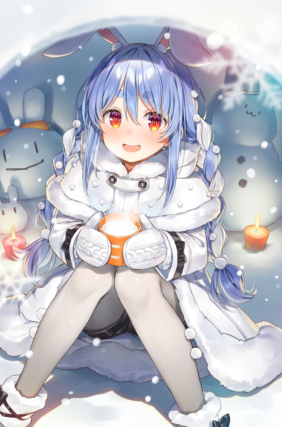 1girl animal_ear_fluff animal_ears black_shorts blue_hair blush boots braid brown_eyes candle capelet coat coat_dress commentary cup fire fur-trimmed_boots fur-trimmed_capelet fur_trim hair_between_eyes highres holding holding_cup hololive igloo knees_together_feet_apart long_hair milk mittens multicolored_hair open_mouth pantyhose rabbit-shaped_pupils rabbit_ears rabbit_girl short_eyebrows shorts sidelocks sitting smile snow snow_rabbit snow_shelter snowflakes snowing snowman solo steam symbol-only_commentary symbol-shaped_pupils thick_eyebrows twin_braids usada_pekora virtual_youtuber white_capelet white_coat white_hair white_mittens white_pantyhose yuuki_hagure