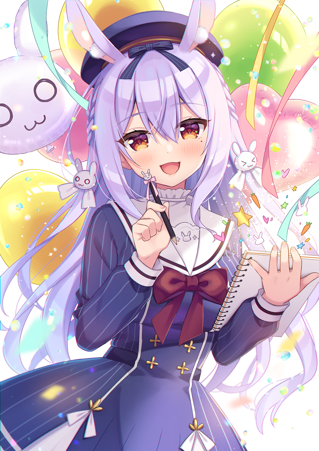 1girl animal_ear_fluff animal_ears balloon beret blue_dress blue_headwear blush bow breasts dress grey_hair hair_between_eyes hair_ornament hat highres himesaki_yuzuru holding holding_pencil long_hair long_sleeves looking_at_viewer mole mole_under_eye noripro open_mouth orange_eyes pencil pleated_dress rabbit_ears rabbit_hair_ornament red_bow sailor_collar sailor_dress smile solo sumisaki_yuzuna virtual_youtuber white_sailor_collar