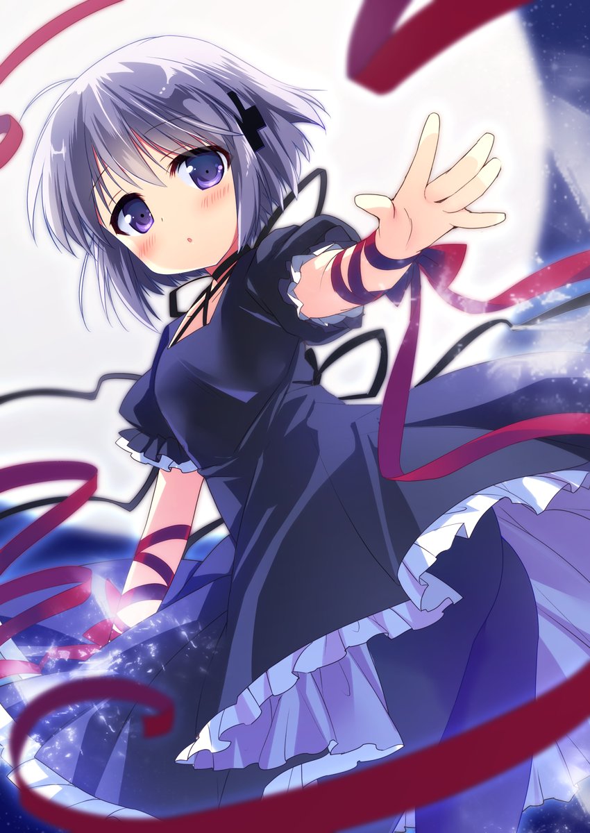 1girl \||/ ahoge arm_at_side arm_ribbon black_dress black_pantyhose blurry blush breasts commentary_request criss-cross_halter cross_hair_ornament depth_of_field dress feet_out_of_frame foreshortening frilled_dress frilled_sleeves frills from_below full_moon grey_hair hair_between_eyes hair_ornament halterneck highres kagari_(rewrite) long_ribbon looking_at_viewer moon nagayama_yuunon night outdoors outstretched_arm pantyhose parted_lips puffy_short_sleeves puffy_sleeves purple_eyes red_ribbon rewrite ribbon short_dress short_hair short_sleeves small_breasts solo