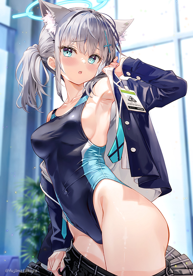 1girl animal_ear_fluff animal_ears black_jacket blue_archive blue_eyes blurry blurry_background blush breasts clothes_pull collarbone commentary_request competition_swimsuit covered_navel cowboy_shot cross_hair_ornament depth_of_field extra_ears fujima_takuya grey_hair hair_between_eyes hair_ornament highleg highleg_swimsuit indoors jacket long_hair long_sleeves looking_at_viewer medium_breasts mismatched_pupils one-piece_swimsuit open_clothes open_jacket open_mouth open_shirt parted_lips plaid plaid_skirt pleated_skirt shiroko_(blue_archive) shiroko_(swimsuit)_(blue_archive) skirt skirt_pull solo standing swimsuit swimsuit_under_clothes thighhighs thighs undressing wet window wolf_ears