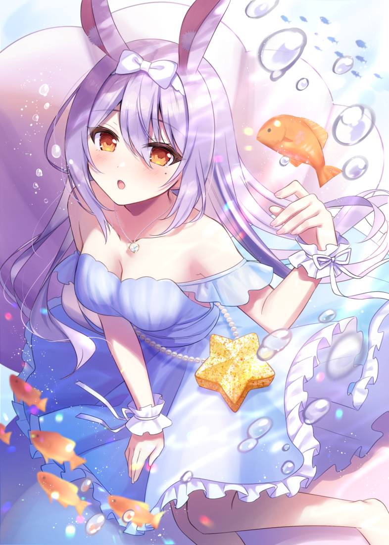 1girl air_bubble animal animal_ears bare_shoulders barefoot blue_dress bow breasts brown_eyes bubble clam cleavage day dress feet_out_of_frame fish frilled_dress frills hair_between_eyes hair_bow hairband hand_up himesaki_yuzuru long_hair medium_breasts noripro outdoors parted_lips purple_hair rabbit_ears solo star_(symbol) strapless strapless_dress sumisaki_yuzuna underwater very_long_hair virtual_youtuber water white_bow white_hairband wrist_cuffs
