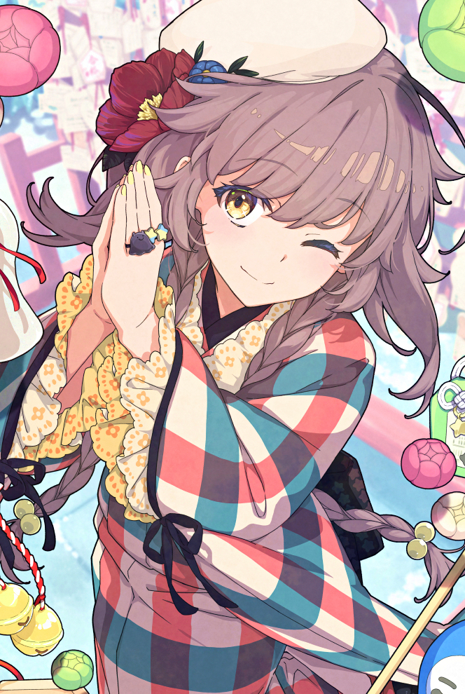 1girl ;) bell braid brown_hair flower hair_flower hair_ornament hatsumoude japanese_clothes jingle_bell kimono melonbooks omamori one_eye_closed original own_hands_together saipaco smile solo twin_braids white_headwear wide_sleeves yellow_eyes yellow_nails