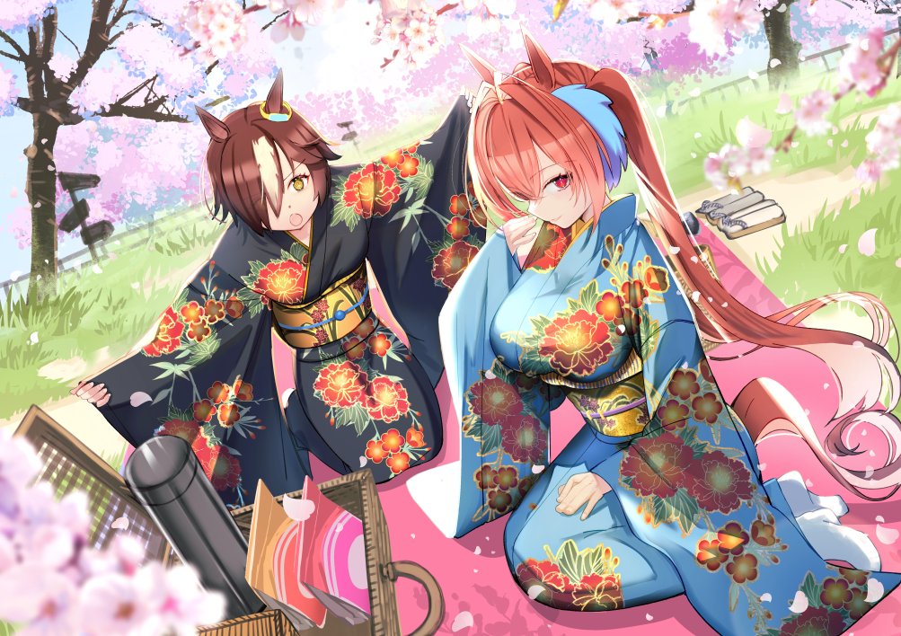 2girls alcohol animal_ears black_kimono blanket blue_kimono blurry blurry_foreground breasts cherry_blossoms closed_mouth commentary_request daiwa_scarlet_(umamusume) day flat_chest floral_print grass hair_intakes hair_over_one_eye hand_up horse_ears horse_girl horse_tail japanese_clothes kimono large_breasts long_hair long_sleeves looking_at_viewer multiple_girls obi open_mouth outdoors petals picnic_basket red_eyes sandals sash smile socks tail thermos tree twintails umamusume unworn_sandals vodka white_socks wide_sleeves yellow_eyes yomean! yukata