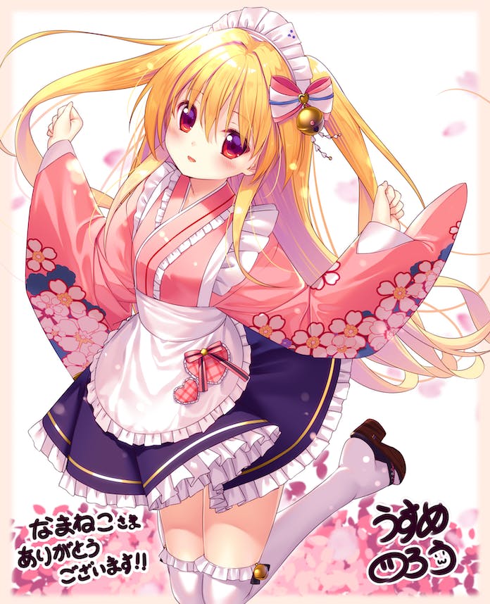 1girl alternate_costume apron bell blonde_hair blue_skirt blush bow brown_footwear cherry_blossoms commentary_request commission enmaided floating_hair floral_print frilled_apron frilled_skirt frilled_thighhighs frills hair_bell hair_between_eyes hair_bow hair_ornament hands_up happy irotoridori_no_sekai japanese_clothes jumping kimono knees_out_of_frame long_hair long_sleeves looking_at_viewer maid maid_apron maid_headdress midair multicolored_bow nikaidou_shinku open_mouth pink_kimono red_eyes sandals sidelocks signature simple_background skeb_commission skirt smile solo thighhighs two_side_up usume_shirou very_long_hair w_arms wa_maid white_apron white_background white_thighhighs wide_sleeves