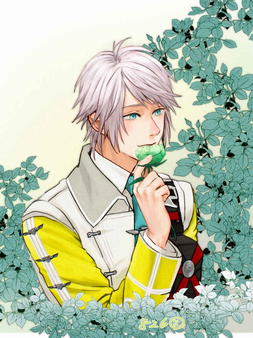 1boy 826hopelight ahoge aqua_eyes aqua_necktie collared_shirt final_fantasy final_fantasy_xiii final_fantasy_xiii-2 flower grey_hair holding holding_flower hope_estheim jacket light_blush long_sleeves male_focus necktie portrait shirt short_hair solo swept_bangs upper_body yellow_sleeves