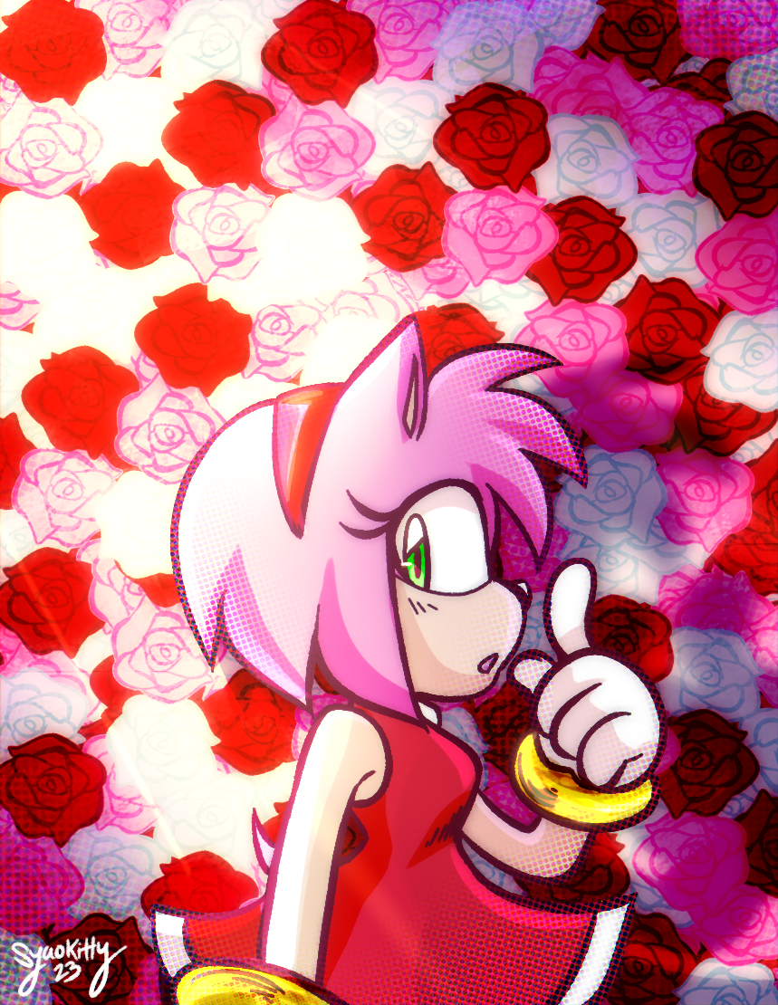 2023 accessory amy_rose anthro biped black_nose breasts clothed clothing dress eulipotyphlan female flower gloves green_eyes hair hair_accessory hairband handwear hedgehog looking_at_viewer mammal open_mouth pink_hair plant red_clothing red_dress rose_(flower) sega short_hair short_tail side_view solo sonic_the_hedgehog_(series) standing syaokitty tail white_clothing white_gloves white_handwear