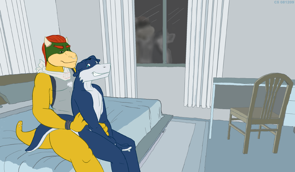 anthro bandai_namco bed bottomless bowser_koopa_junior_(roommates) chair clothed clothing compfive curtains desk digimon digimon_(species) duo embrace flamedramon furniture giancarlo_rosato hasbro hug hugging_from_behind koopa male male/male mario_bros nintendo nude on_bed pillow reflection roommates_(comic) scalie side_view sitting smile table tail window
