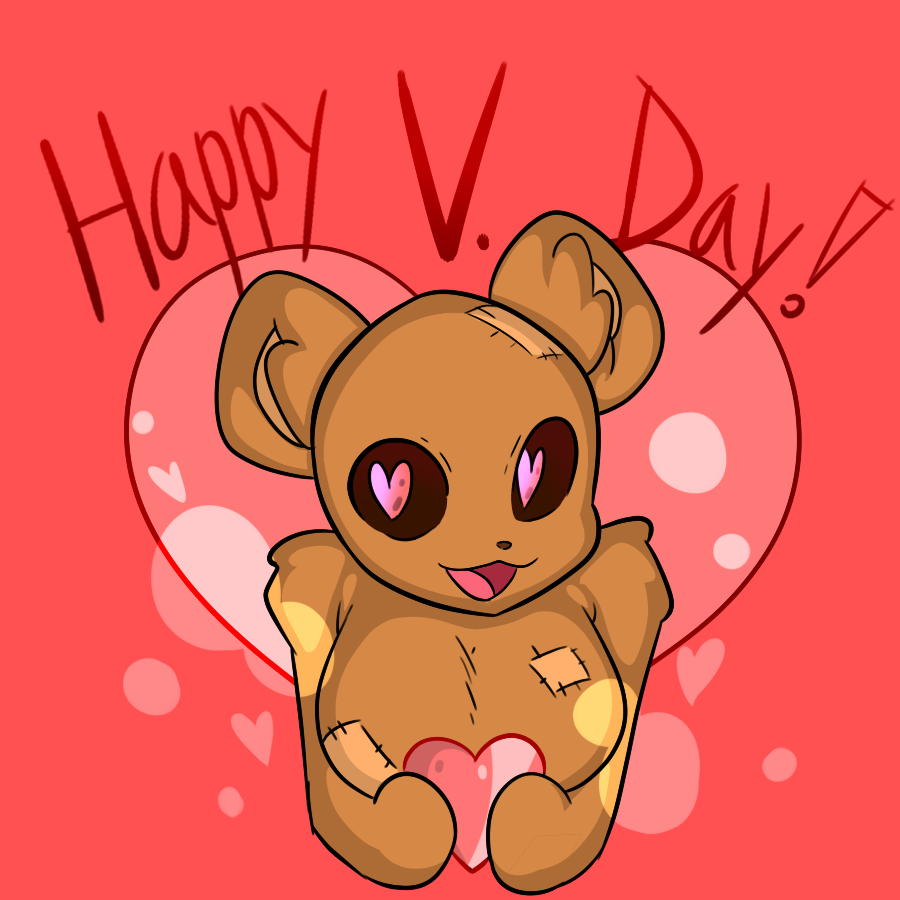 &lt;3 &lt;3_eyes 1:1 animate_inanimate anthro bear big_breasts breasts brown_body brown_fur brown_sclera female fur holidays living_plushie looking_at_viewer mammal open_mouth open_smile phrenpai pink_background pink_eyes plushie sew_(phrenpai) simple_background smile solo text valentine's_day