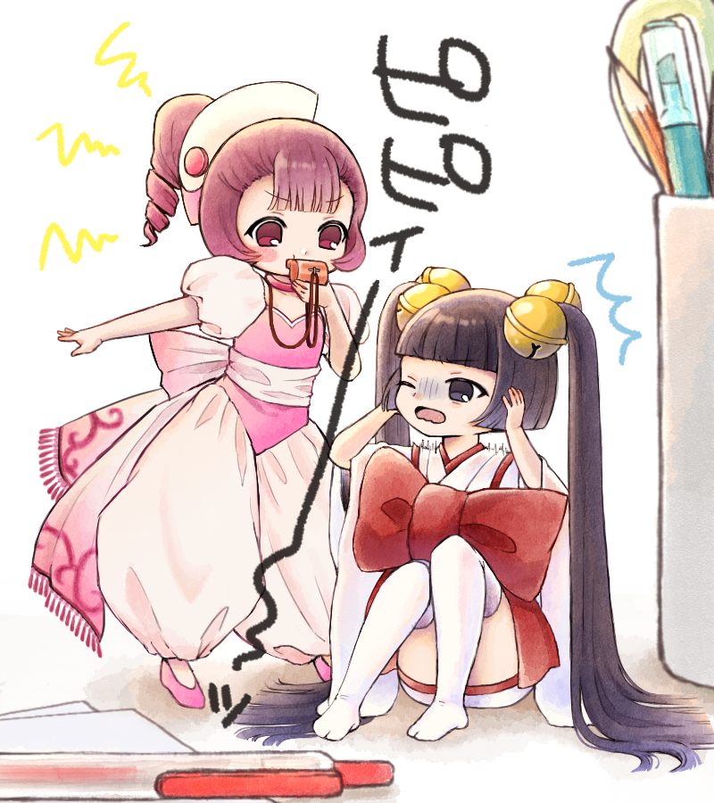 2girls bell black_eyes blowing_whistle blunt_bangs bow chobits covering_own_ears drill_hair drill_ponytail hair_bell hair_ornament japanese_clothes kimono kotoko_(chobits) long_hair mini_person minigirl multiple_girls open_mouth pen pencil pink_shirt puffy_pants puffy_short_sleeves puffy_sleeves red_bow red_eyes shirt short_sleeves sitting standing sumomo_(chobits) thighhighs translation_request twintails very_long_hair wachita_(8t8t) white_kimono white_thighhighs