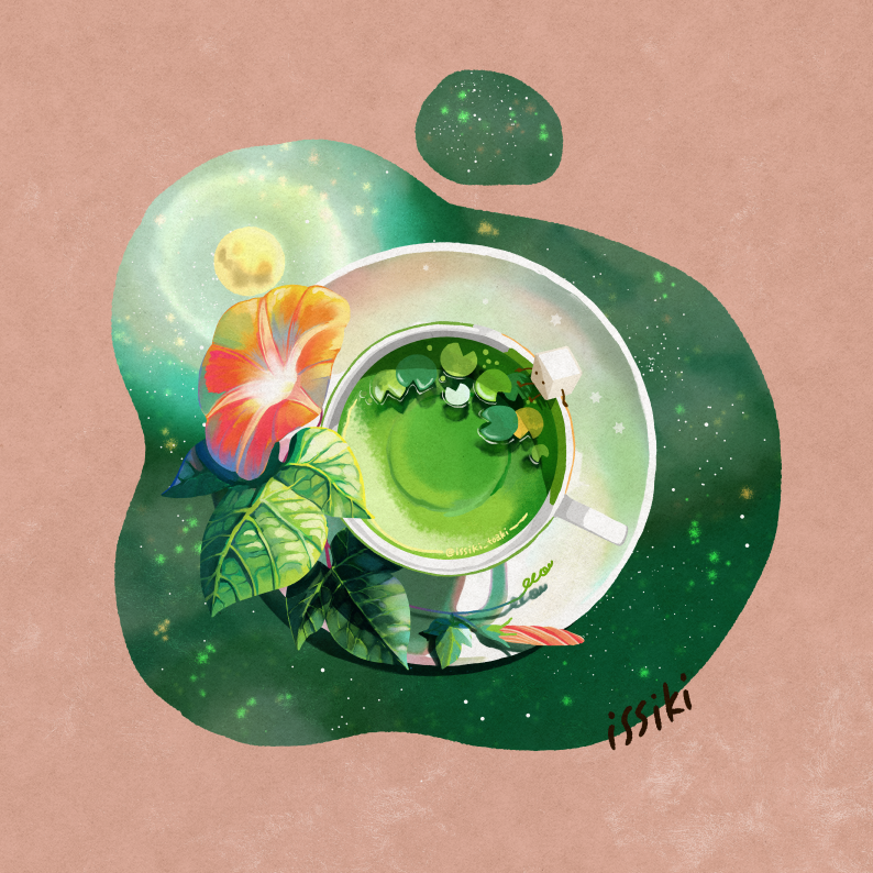 artist_name commentary_request cup drink flower food food_focus from_above full_moon green_tea green_theme issiki_toaki leaf lily_pad moon morning_glory no_humans original plant plate saucer sitting star_(sky) sugar_cube tea teacup twitter_username