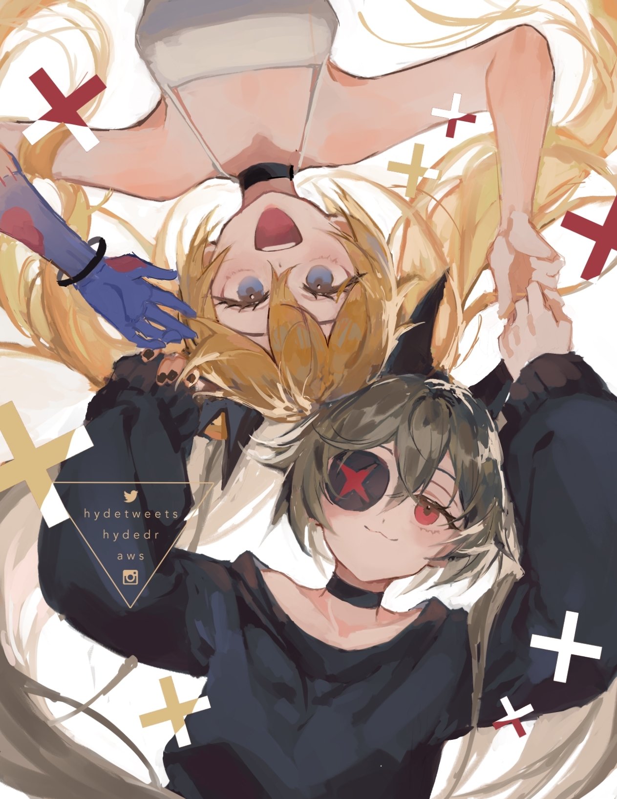 2girls :3 :d bangle black_choker black_nails black_sweater blonde_hair blue_eyes bracelet brown_hair camisole choker clear_(djmax) closed_mouth djmax djmax_respect eyepatch fail_(djmax) from_above hair_spread_out highres hyde_(hai-do) jewelry long_hair long_sleeves looking_at_another lying multiple_girls on_back open_mouth red_eyes simple_background smile sweater teeth twitter_username upper_body upper_teeth_only watermark white_background white_camisole