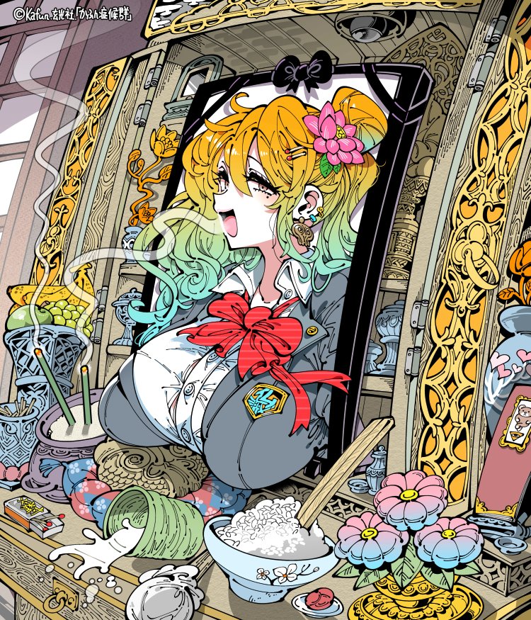 1girl artist_name blazer blush bow bowl bowtie breasts butsudan button_gap candy chopsticks collared_shirt commentary_request copyright_notice cushion dress_shirt earrings flower food fruit_bowl ghost gradient_hair green_hair grey_jacket gyaru hair_between_eyes hair_bun hair_flower hair_ornament hairclip half-closed_eyes iei incense incense_burner indoors inhaling jacket jewelry kafun large_breasts long_hair looking_at_viewer loose_bowtie lotus matchbox messy_hair mole mole_under_eye multicolored_hair open_clothes open_jacket open_mouth orange_eyes orange_hair original pink_flower red_bow red_bowtie rice_bowl school_uniform shirt single_hair_bun smile smoke_trail solo spilling spirit_tablet striped_bow striped_bowtie striped_clothes thick_eyelashes through_photo white_shirt
