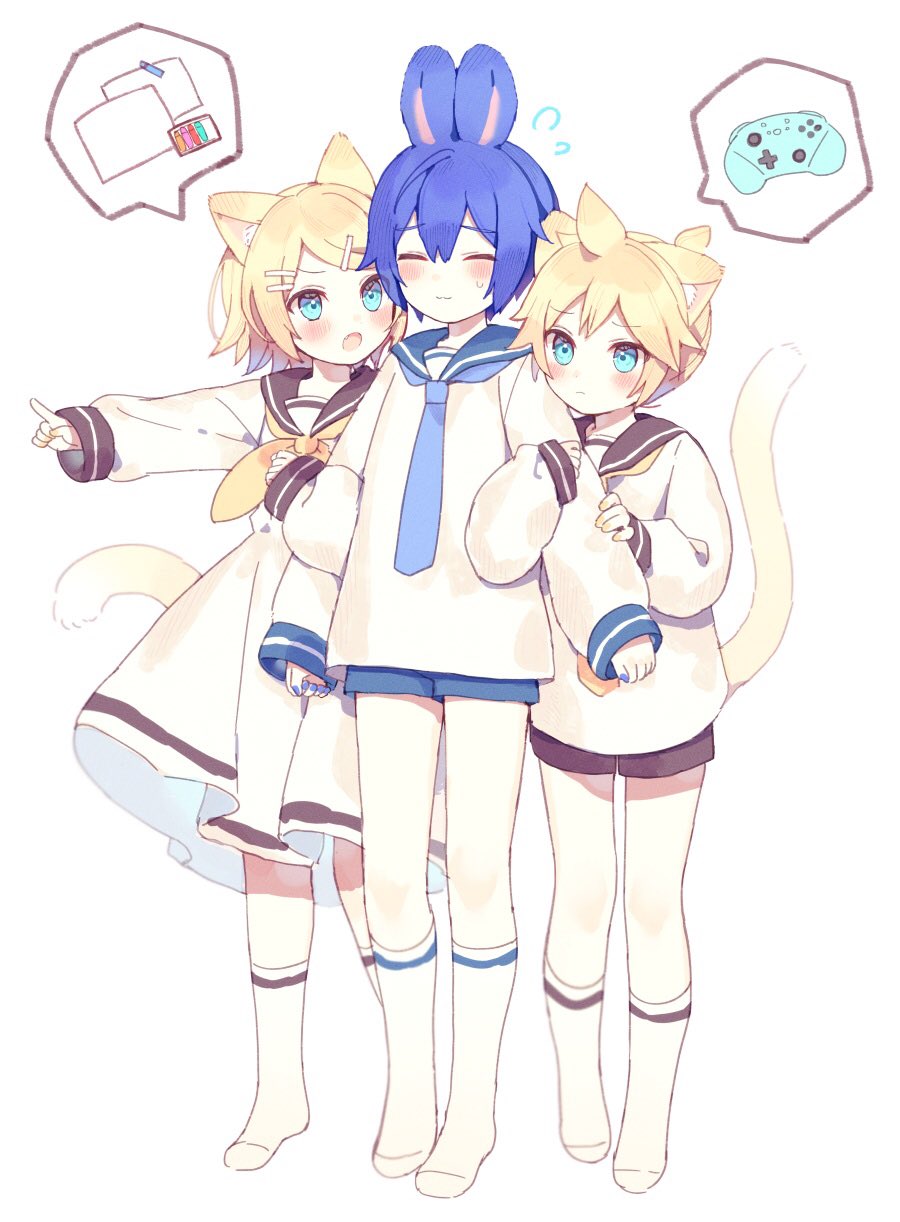 1girl 2boys :3 :o animal_ears aqua_eyes black_sailor_collar black_shorts blonde_hair blue_eyes blue_hair blue_nails blue_necktie blue_sailor_collar blue_shorts blush boy_and_girl_sandwich cat_ears cat_tail closed_eyes closed_mouth controller crayon dress fang flying_sweatdrops full_body game_controller grabbing_another's_arm hair_ornament hairclip highres kagamine_len kagamine_rin kaito_(vocaloid) long_sleeves mogu_(wy5xrt7w) multiple_boys nail_polish necktie no_shoes open_mouth outstretched_arm paper pointing rabbit_ears sailor_collar sandwiched shirt short_hair shorts simple_background sleeves_past_wrists socks spoken_object standing sweat tail vocaloid white_background white_dress white_shirt white_socks yellow_nails