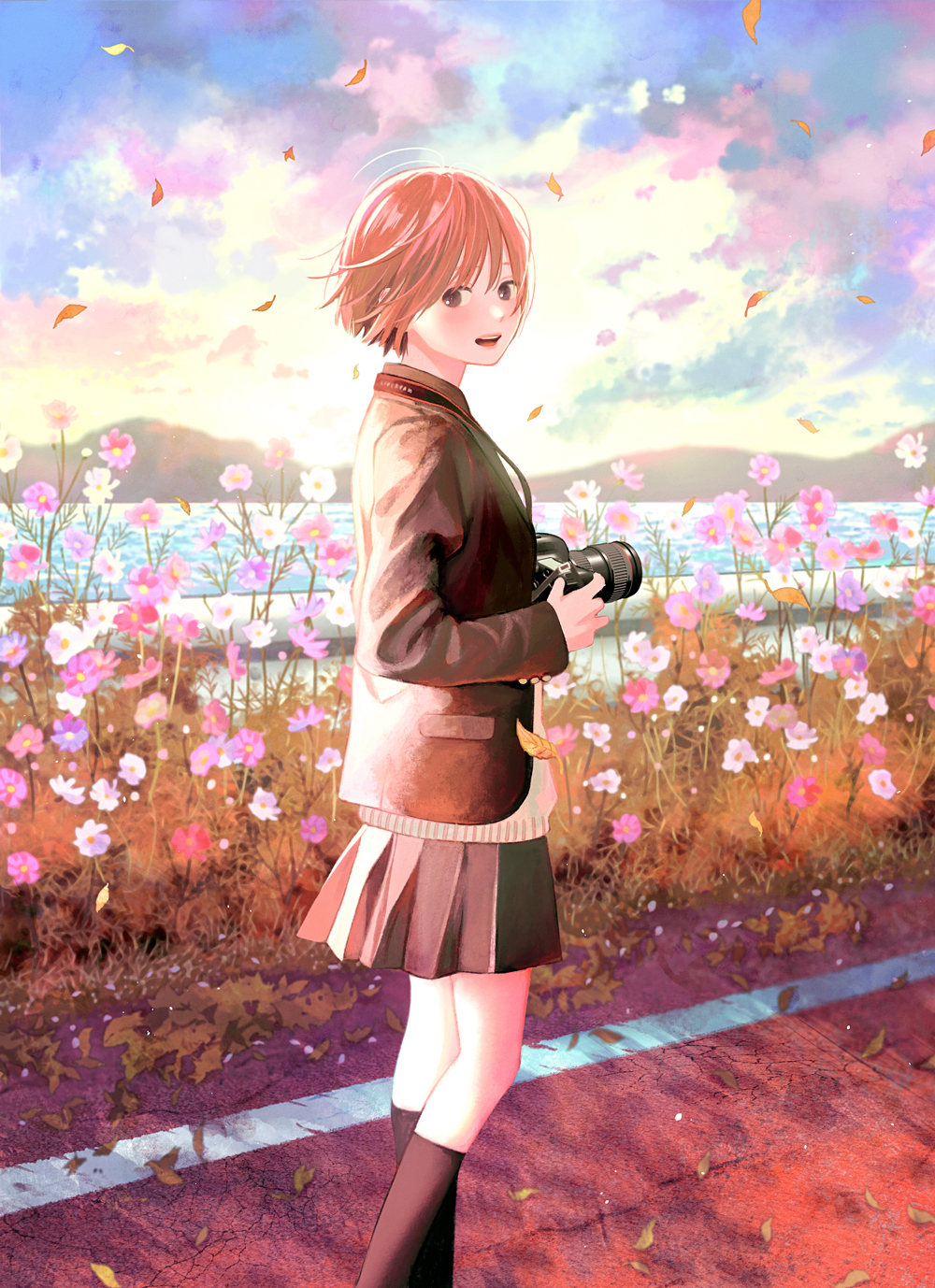 1girl black_eyes black_skirt black_socks brown_hair brown_jacket camera cloud day dslr falling_petals flower grass highres holding holding_camera jacket kneehighs leaf light_particles long_sleeves looking_at_viewer mountainous_horizon multicolored_sky nakamura_hinata ocean open_mouth original outdoors petals pink_flower pleated_skirt poking road short_hair skirt sky socks solo sun sunlight teeth upper_teeth_only white_flower