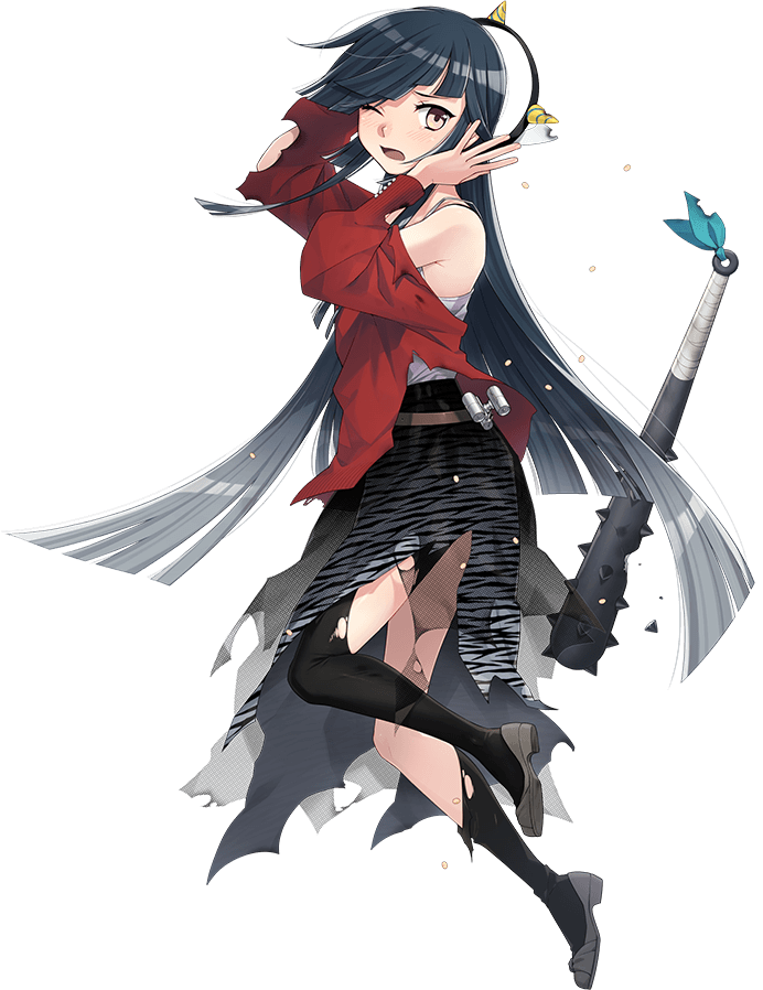 1girl black_hair club_(weapon) fake_horns fujikawa full_body hair_over_one_eye hayashimo_(kancolle) horns kanabou kantai_collection long_hair long_skirt looking_at_viewer official_art oni open_mouth red_sweater setsubun skirt solo sweater torn_clothes torn_skirt transparent_background very_long_hair weapon