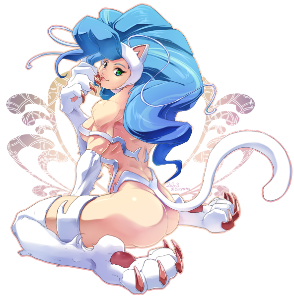 2020 animal_humanoid blep blue_hair breasts butt capcom claws darkstalkers felicia_(darkstalkers) felid felid_humanoid feline feline_humanoid female fur green_eyes hair humanoid light_body light_skin long_hair looking_at_viewer mammal mammal_humanoid osanpogakari pawpads side_boob signature simple_background sitting solo tail tongue tongue_out white_body white_fur