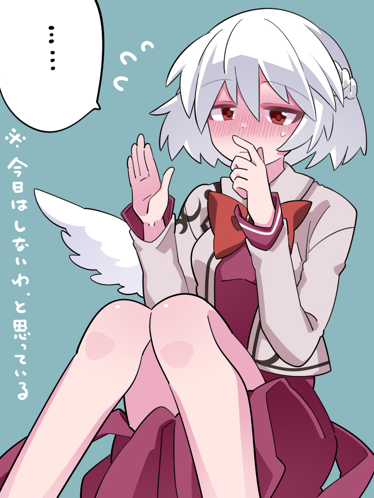 1girl aqua_background blush dress feet_out_of_frame flying_sweatdrops grey_hair grey_jacket hair_between_eyes hammer_(sunset_beach) jacket kishin_sagume long_sleeves open_clothes open_jacket open_mouth purple_dress red_eyes short_hair simple_background single_wing solo speech_bubble touhou white_wings wings