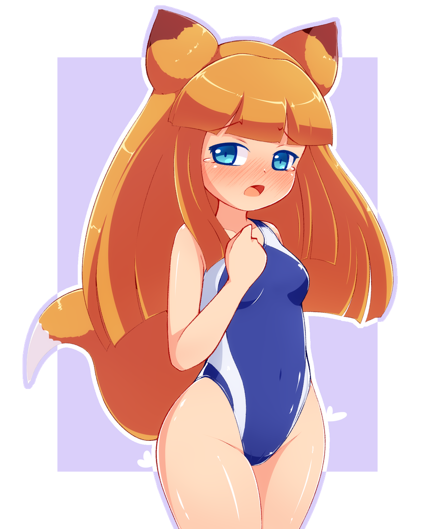 1girl a-ktoo animal_ears blue_eyes blue_one-piece_swimsuit blunt_bangs blush border breasts clenched_hand collarbone competition_swimsuit covered_navel cowboy_shot embarrassed fox_ears fox_girl fox_tail highleg highleg_swimsuit long_hair medium_breasts okon_(pop'n_music) one-piece_swimsuit open_mouth pop'n_music solo swimsuit tail tears tight_clothes very_long_hair white_border wide_hips