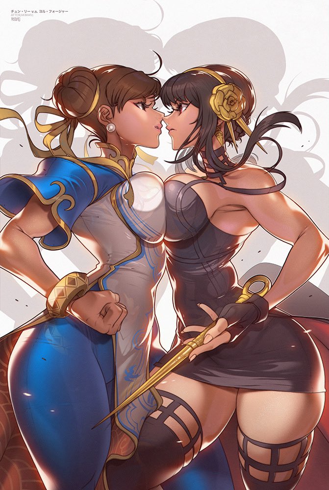 2girls black_dress black_hair blue_pants bracelet breast_press breasts chinese_clothes chun-li clenched_hand crossover dagger double_bun dress earrings edwin_huang eye_contact face-to-face fingerless_gloves gloves gold_earrings gold_hairband hair_bun hair_ribbon hairband holding holding_dagger holding_knife holding_weapon jewelry knife large_breasts looking_at_another multiple_girls pants parted_lips pearl_earrings ribbon spy_x_family stiletto_(weapon) street_fighter street_fighter_6 symmetrical_docking thighhighs thighs tight_clothes tight_pants weapon yellow_ribbon yor_briar