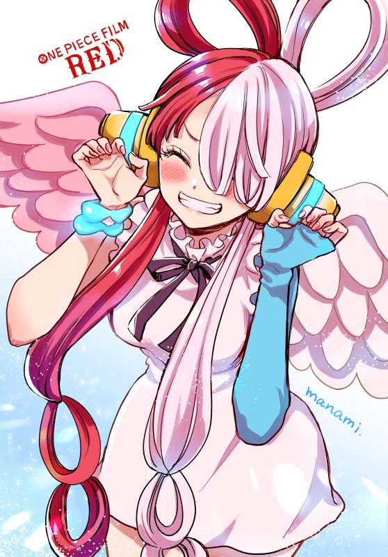 1girl artist_name black_ribbon blue_sleeves blush bracelet breasts closed_eyes commentary_request copyright_name dress facing_viewer feathered_wings fingernails gradient_background grin hair_over_one_eye hair_rings hands_up headphones jewelry large_breasts long_hair long_sleeves mismatched_wings multicolored_hair neck_ribbon one_eye_covered one_piece one_piece_film:_red pink_hair pink_nails pink_wings red_hair ribbon signature simple_background single_sleeve sleeveless sleeveless_dress smile solo split-color_hair standing sugano_manami teeth two-tone_hair uta_(one_piece) very_long_hair white_dress white_wings wings