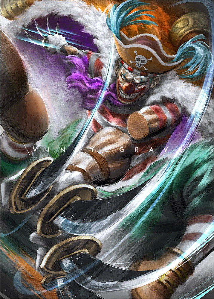 1boy artist_name blue_hair buggy_the_clown clenched_teeth clown_nose commentary english_commentary facepaint gloves hat holding holding_knife holding_weapon jolly_roger knife makeup male_focus one_piece pirate_hat red_nose skull_and_crossbones smile solo teeth vinrylgrave weapon white_gloves