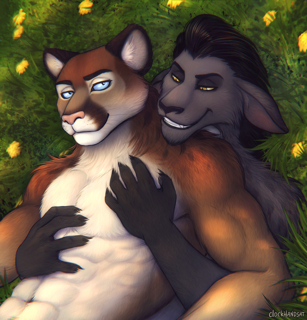 anthro anthro_on_anthro artist_name black_hair black_nose blue_eyes clockhands duo embrace fangs felid flower fur grass grey_body grey_fur grin hair hug hugging_from_behind lying male male/male mammal muscular muscular_anthro muscular_male narrowed_eyes navel no_sclera on_back orange_body orange_fur pink_nose plant smile tan_body tan_fur teeth yellow_eyes yellow_flower yellow_sclera