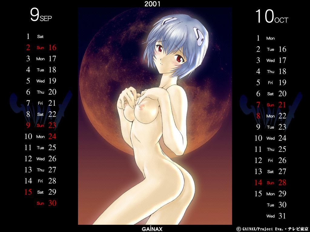 1girl 2001 ass ayanami_rei back blue_hair blush breasts calendar_(medium) dated flat_ass from_behind gainax hair_ornament hands_on_own_chest interface_headset looking_at_viewer looking_back medium_breasts neon_genesis_evangelion night nipples nude october official_art red_eyes september short_hair skinny sky topless utatane_hiroyuki