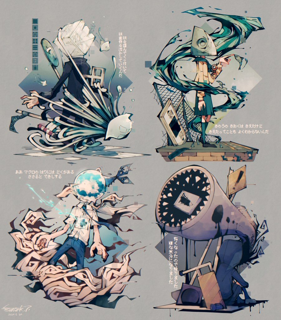 2boys 2girls blue_sailor_collar business_suit fish grey_background hood hoodie iwashi_ga_tsuchi_kara_haetekuru_n_da_(utau) jellyfish koronba kurage_(koronba) kuromaguro_ga_tondekuru lamprey multiple_boys multiple_girls object_head pants pleated_skirt road_sign sailor_collar salaryman sardine school_uniform sign skirt suit traffic_cone tsunzaki tuna yatsume_ana